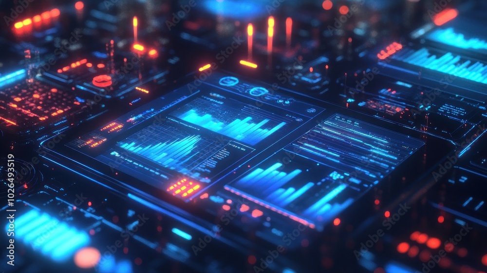 A futuristic digital interface displaying data visualizations and analytics. A futuristic digital interface displaying data visualizations and analytics.