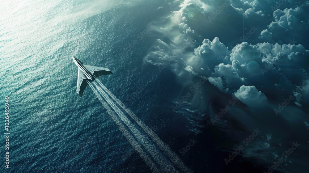 Futuristic Nuclear-Powered Aircraft Soaring High Above Ocean with Bright Contrail Futuristic Nuclear-Powered Aircraft Soaring High Above Ocean with Bright Contrail