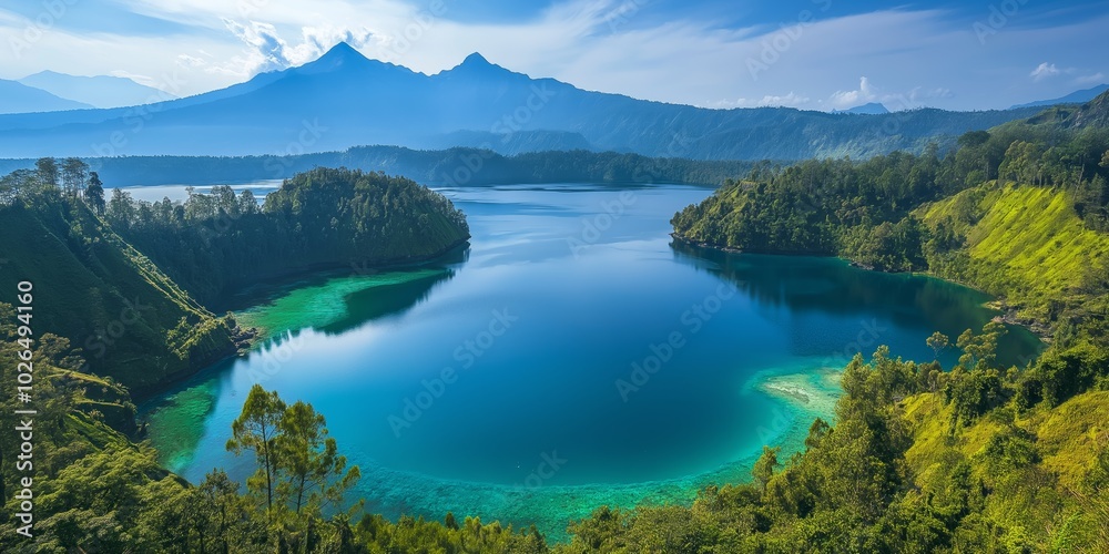 Naklejka premium A large body of water with mountains in the background. The water is blue and calm. The mountains are in the distance and the trees are lush and green. The scene is peaceful and serene