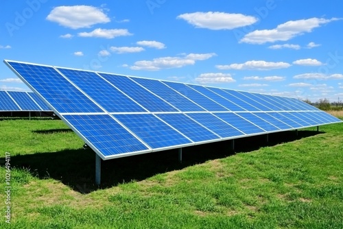 A solar panel array is in a field with a blue sky