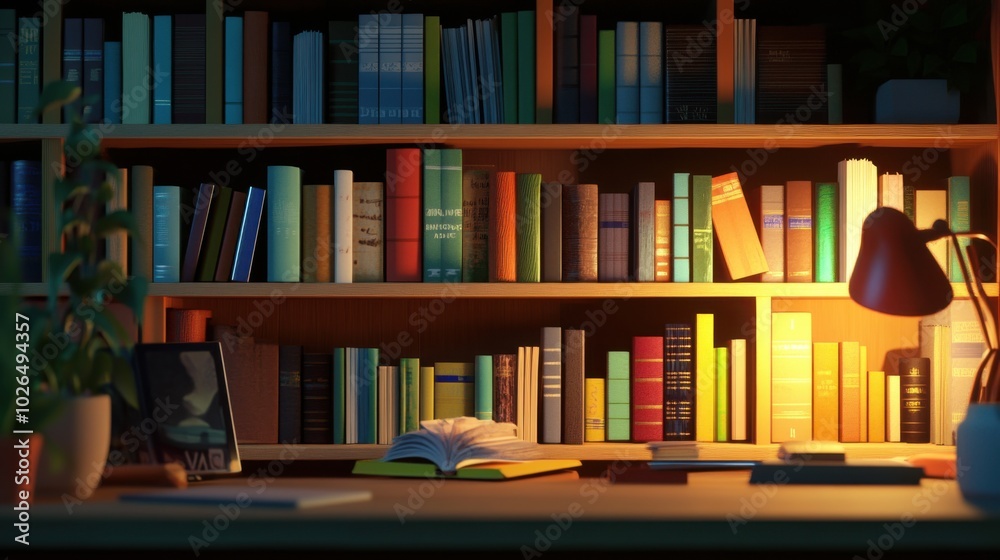 Bookshelf with vibrant books, cozy study setup, soft lighting. Bookshelf with vibrant books, cozy study setup, soft lighting.