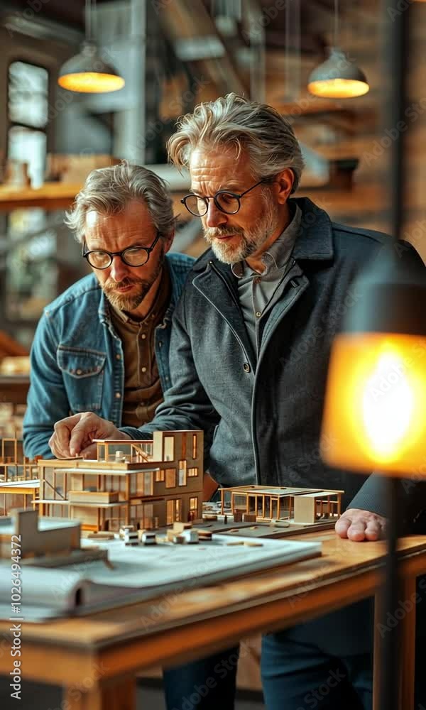 A team of astute Caucasian architects and engineers measuring a house model together. A team of astute Caucasian architects and engineers measuring a house model together.