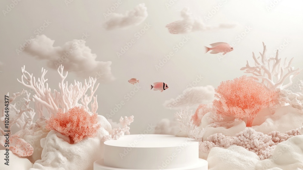 A serene underwater scene featuring coral, fish, and soft clouds, evoking tranquility.