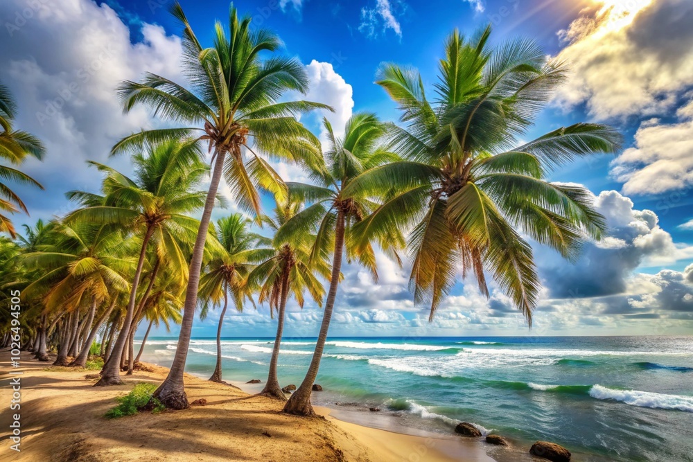A beautiful beach scene with palm trees and a clear blue sky A beautiful beach scene with palm trees and a clear blue sky