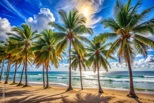 A beautiful beach scene with palm trees and a clear blue sky