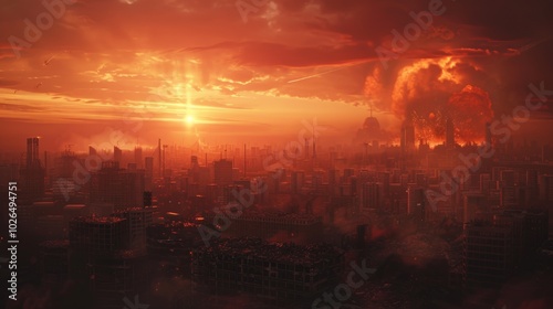 Twilight Cityscape with Silhouettes and Fiery Sky After Nuclear Explosion