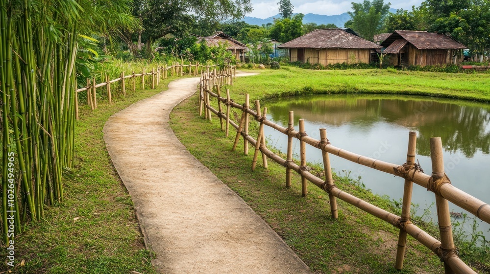 A serene pathway leads past a pond and traditional houses in a lush, green landscape. A serene pathway leads past a pond and traditional houses in a lush, green landscape.