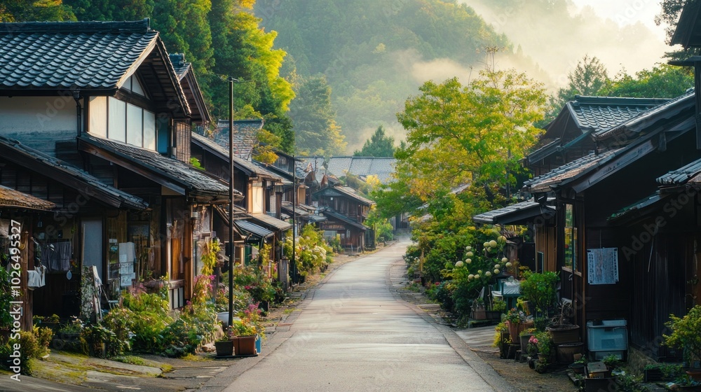 A tranquil village street lined with traditional wooden houses and lush greenery. A tranquil village street lined with traditional wooden houses and lush greenery.