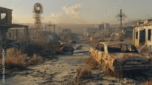 Post-Apocalyptic Cityscape: Deserted Streets and Ruined Buildings for Print and Design Use