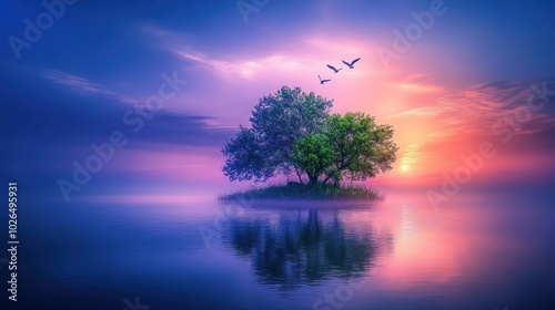 A tranquil island at sunset with trees, reflecting in calm water and birds flying overhead.