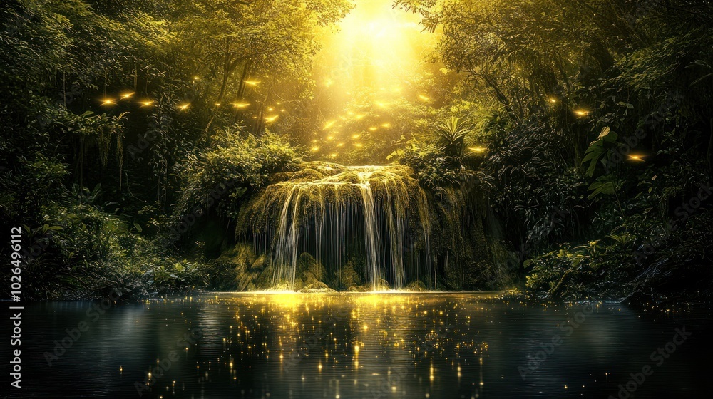 A serene waterfall in a lush forest illuminated by golden light and fireflies. A serene waterfall in a lush forest illuminated by golden light and fireflies.