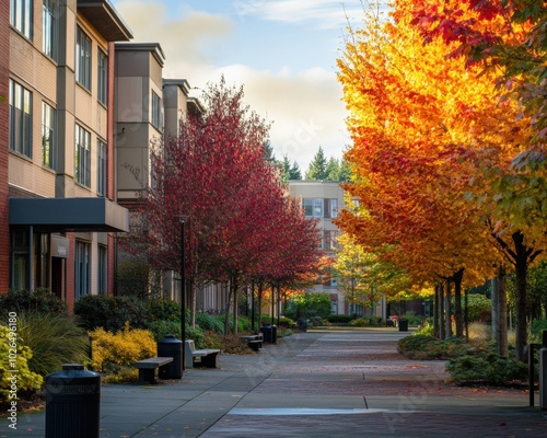 College campus with vibrant trees, sleek buildings, soft lighting.