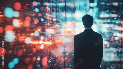 A man in business attire stands by a glass window, with a digital glitch effect overlaying his silhouette, suggesting themes of technology and data. photo