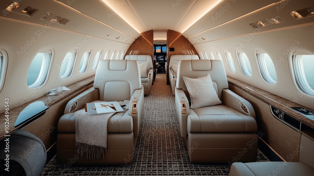 Fototapeta premium Luxurious private jet interior with plush leather seats, large windows, and elegant lighting, featuring a modern design and comfortable atmosphere.