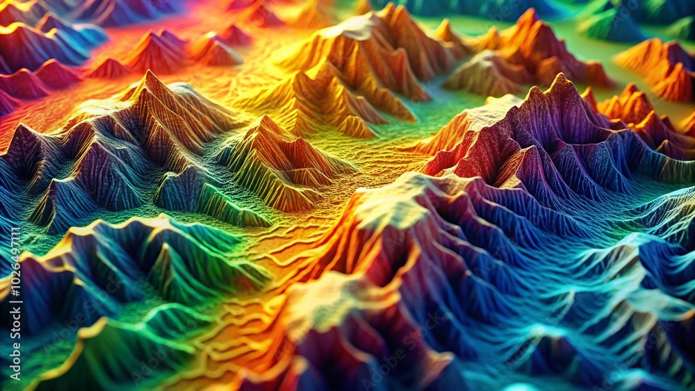 Obraz premium Abstract Topographic Map with Vibrant Colors and 3D Mountainous Terrain for Stunning Landscape Photography