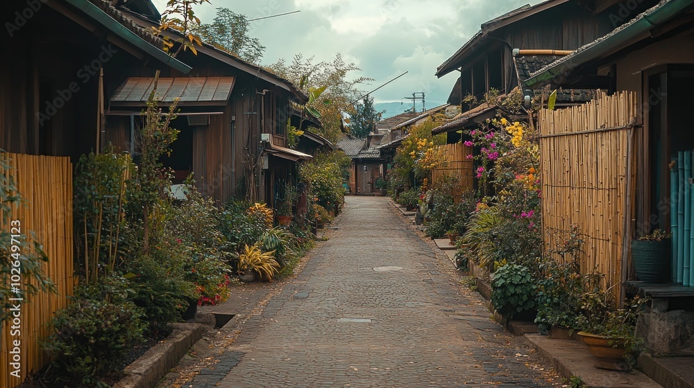 A serene pathway lined with wooden structures and vibrant plants in a tranquil setting.