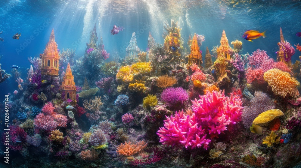 Naklejka premium Vibrant underwater scene featuring colorful corals and intricate structures.