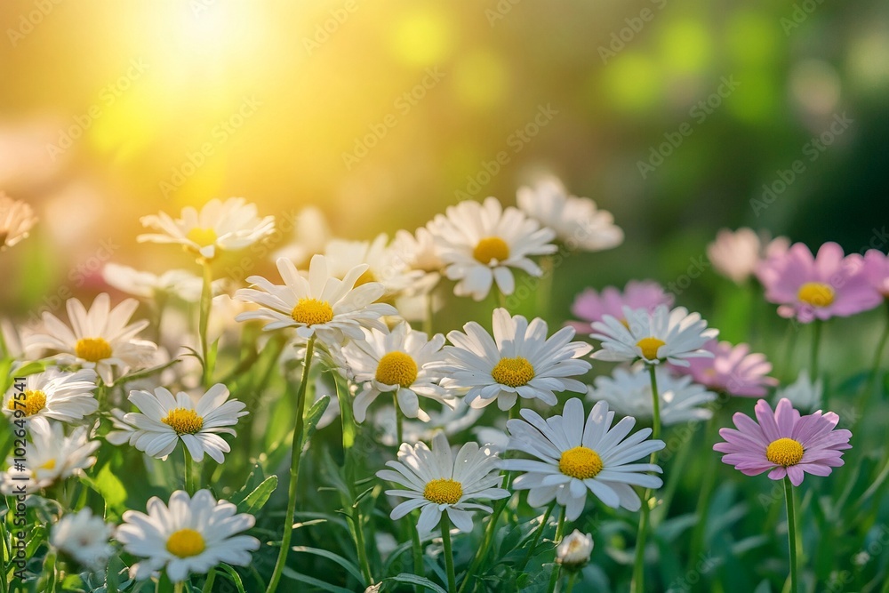 Spring daisies in white and pink under the bright sun, epitomizing a cheerful sunny day in springtime Spring daisies in white and pink under the bright sun, epitomizing a cheerful sunny day in springtime