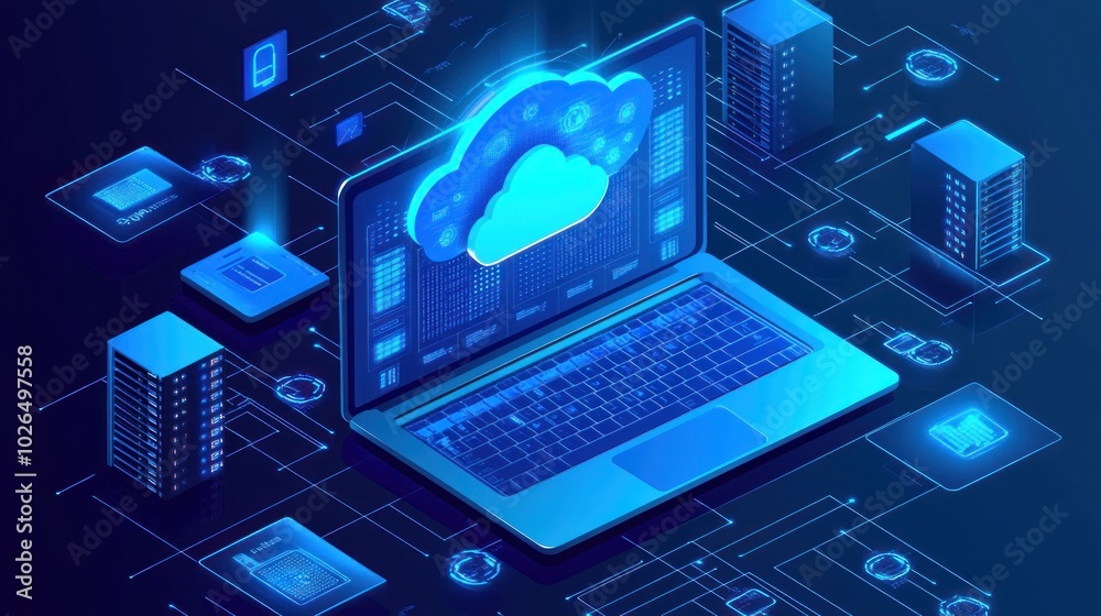 A digital laptop displaying cloud computing with data connections and servers. A digital laptop displaying cloud computing with data connections and servers.