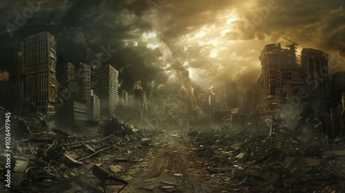 Post-Apocalyptic Cityscape Depicting Nuclear Devastation Under Ominous Skies for Creative Design