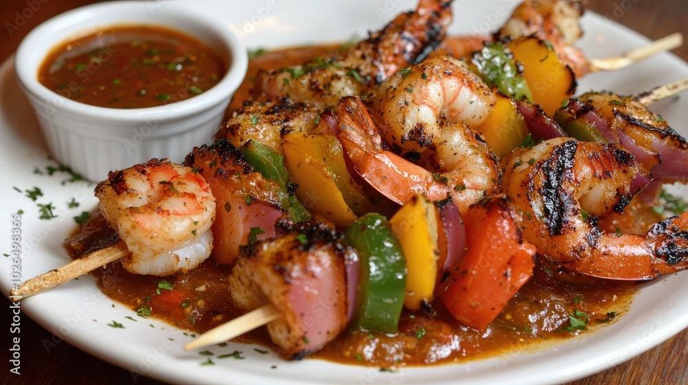 Grilled Shrimp and Vegetable Skewers on a Plate Grilled Shrimp and Vegetable Skewers on a Plate