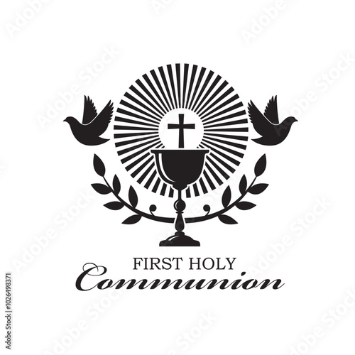 holy communion icon with chalice and doves isolated on white background