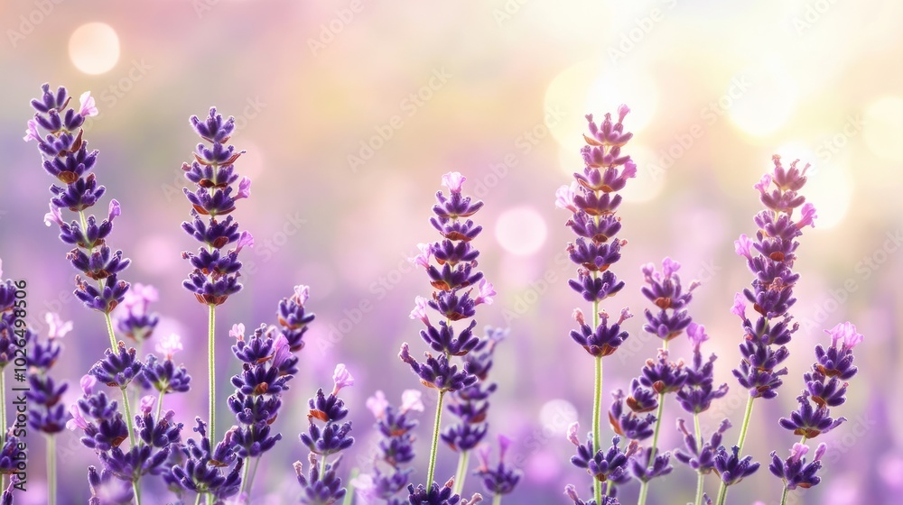 Fototapeta premium A serene field of lavender flowers under soft light, evoking tranquility and beauty.