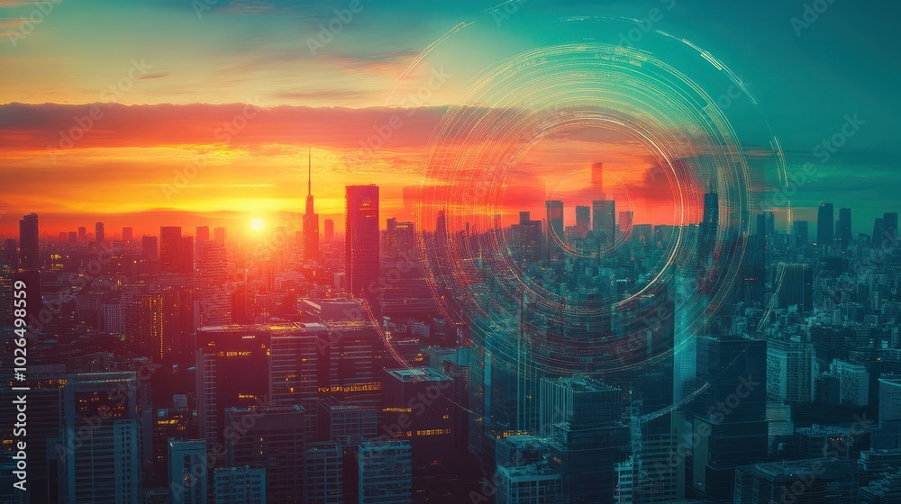 Business target overlaid on a city skyline at dawn, target management concept, urban growth and opportunities