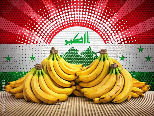 Abundance of Bananas for Sale on Wavy Iraqi Flag with Dotted Map Background photo