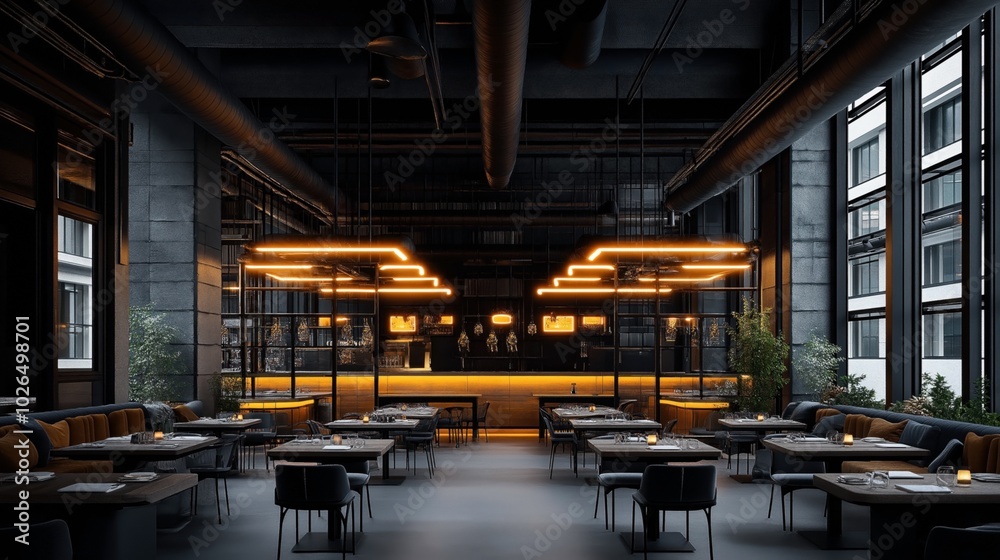Modern industrial-style restaurant interior with geometric lighting, tables, and chairs, featuring large windows and plant decorations. Modern industrial-style restaurant interior with geometric lighting, tables, and chairs, featuring large windows and plant decorations.
