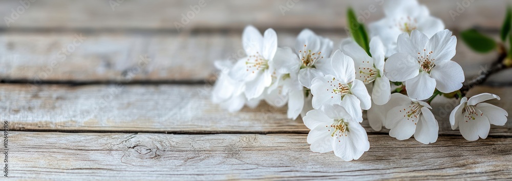 A delicate branch of white flowers against a rustic wooden background. A delicate branch of white flowers against a rustic wooden background.