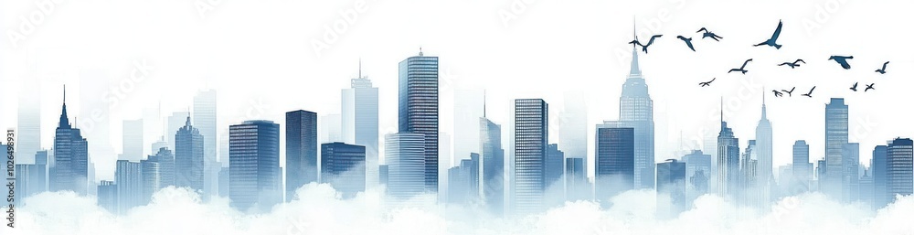 A stylized city skyline with clouds and birds, suggesting a serene urban atmosphere. A stylized city skyline with clouds and birds, suggesting a serene urban atmosphere.