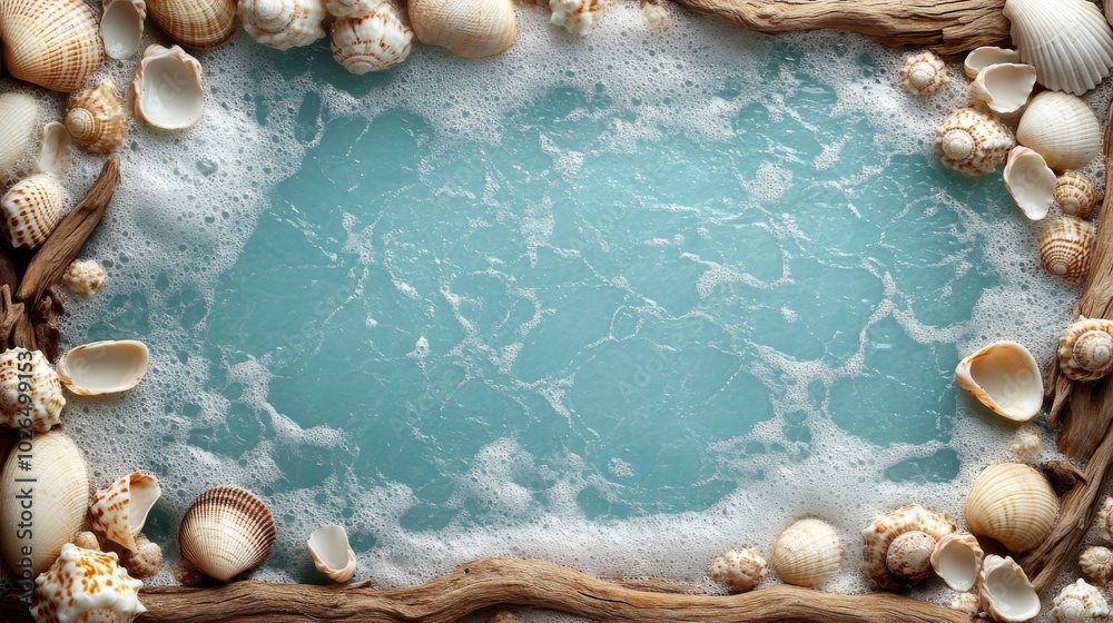 Naklejka premium Seashells Arranged Around a Foam-Covered Blue Background