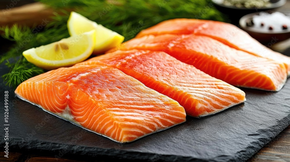 Fresh Salmon Fillets on Slate with Herbs and Lemon Fresh Salmon Fillets on Slate with Herbs and Lemon