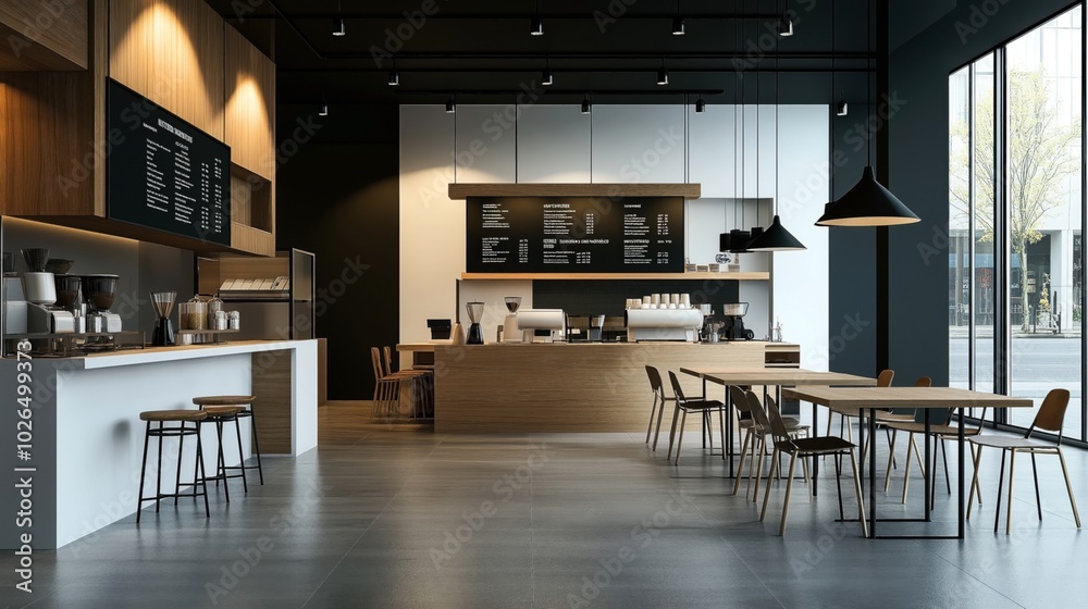 Modern coffee shop interior with wooden furniture, large menu boards, espresso machines, and natural lighting through large windows. Modern coffee shop interior with wooden furniture, large menu boards, espresso machines, and natural lighting through large windows.