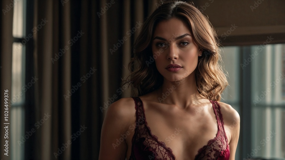 Fototapeta premium Confident woman in burgundy lace lingerie posing in soft natural light indoors