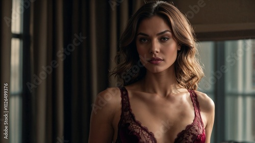 Confident woman in burgundy lace lingerie posing in soft natural light indoors