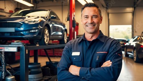 Smiling male auto mechanic portrait in modern car service