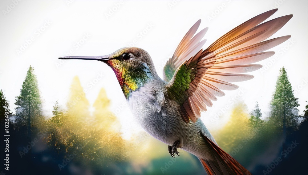 Fototapeta premium Hummingbird in the forest isolated on a white background, double exposure as transparent