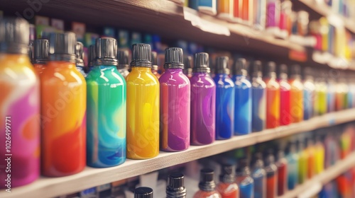 Colorful paint bottles sitting on shelf in art supply store