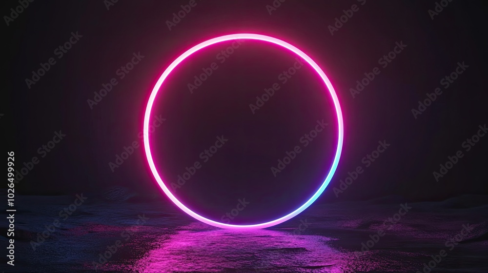 Glowing neon pink and blue circle on a dark surface with reflections.