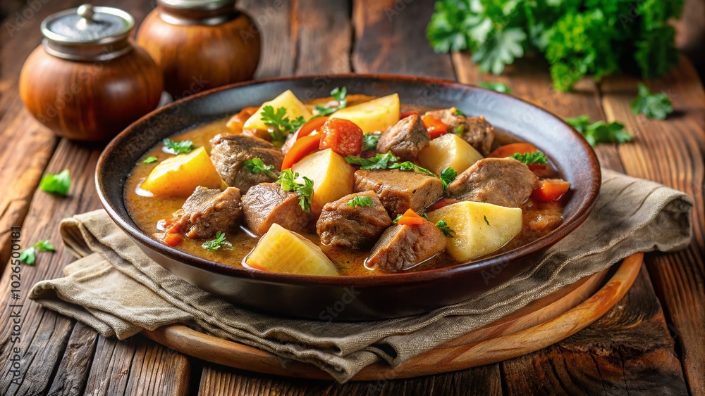 A close-up view of Scouse, a classic Liverpool meat and potato stew, showcasing its hearty ingredients and rich flavors, perfect for food enthusiasts A close-up view of Scouse, a classic Liverpool meat and potato stew, showcasing its hearty ingredients and rich flavors, perfect for food enthusiasts