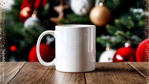 White ceramic coffee mug Christmas mockup with decorated pine tree background