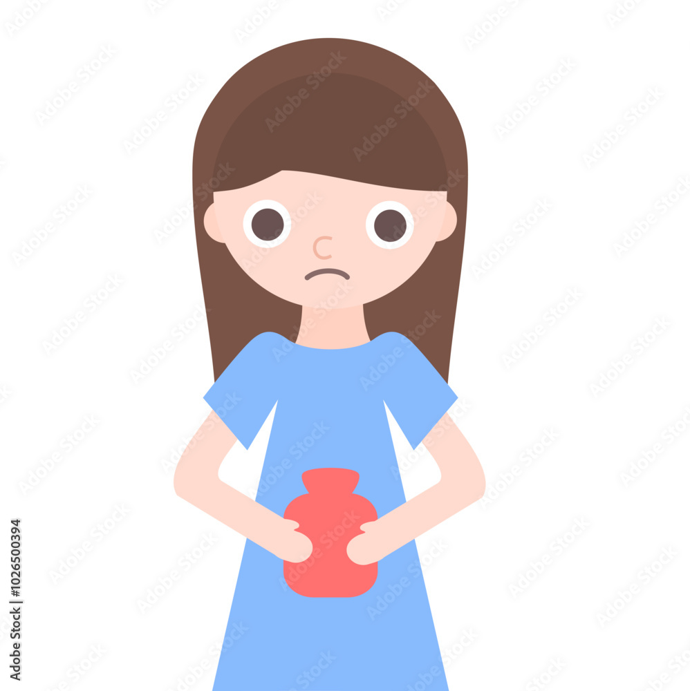 The woman has a stomachache.Women's health.Hot water bottle.Abdomen disease.Menstrual cramps.Diarrhea illness.Pms symptoms.Pain relief.Period pain.Menstrual cycle.Cartoon vector illustration. The woman has a stomachache.Women's health.Hot water bottle.Abdomen disease.Menstrual cramps.Diarrhea illness.Pms symptoms.Pain relief.Period pain.Menstrual cycle.Cartoon vector illustration.