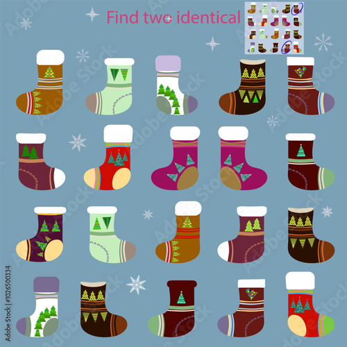 In a fun children's puzzle game for children under 7 years old, find 2 identical Santa socks