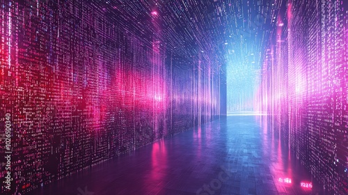 Abstract Digital Corridor with Neon Lights and Glowing Data