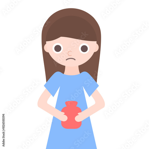 The woman has a stomachache.Women's health.Hot water bottle.Abdomen disease.Menstrual cramps.Diarrhea illness.Pms symptoms.Pain relief.Period pain.Menstrual cycle.Cartoon vector illustration.