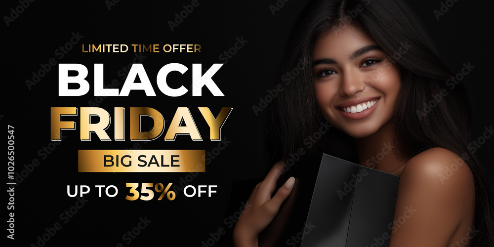 Black Friday sale banner with a smiling woman holding a shopping bag, limited time offer, up to 35% discount, holiday shopping promotion Black Friday sale banner with a smiling woman holding a shopping bag, limited time offer, up to 35% discount, holiday shopping promotion