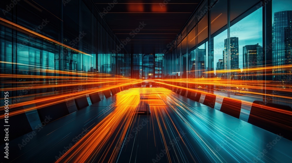 Modern Office Meeting Room With Cityscape View and Light Trails Modern Office Meeting Room With Cityscape View and Light Trails