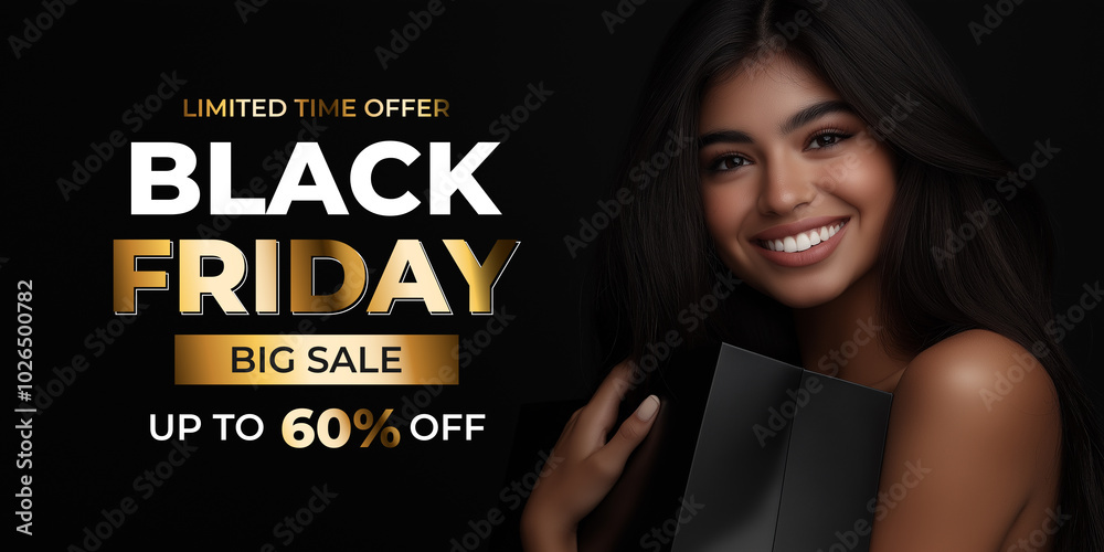 Black Friday sale banner with a smiling woman holding a shopping bag, limited time offer, up to 60% discount, holiday shopping promotion Black Friday sale banner with a smiling woman holding a shopping bag, limited time offer, up to 60% discount, holiday shopping promotion